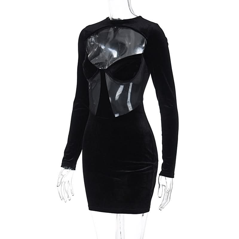 Long sleeve hollow out velvet cut out mini dress  | Festival Outfits Women