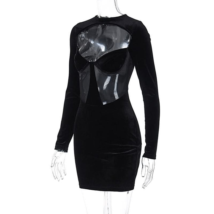 Long sleeve hollow out velvet cut out mini dress  | Festival Outfits Women
