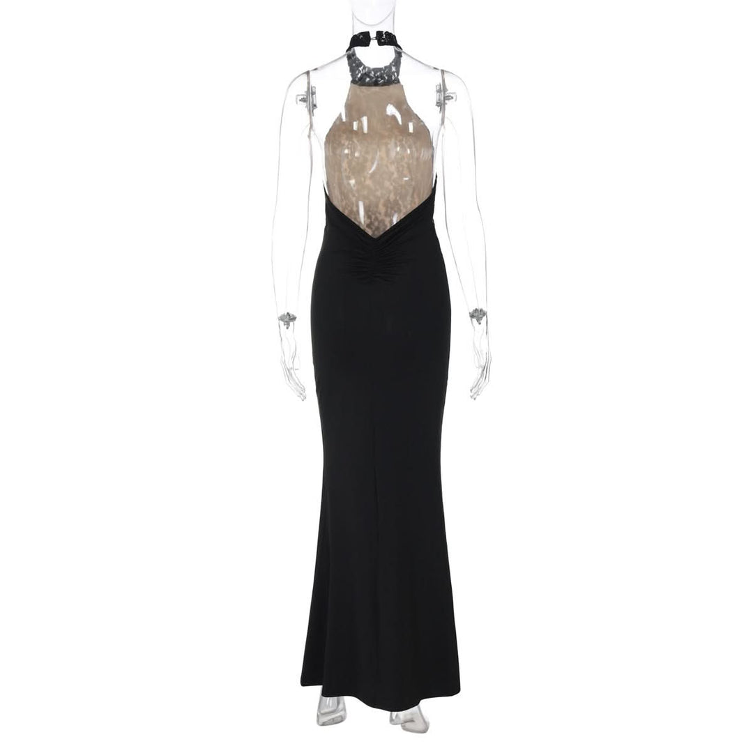 Halter backless lace ruched maxi dress  | Festival Outfits Women