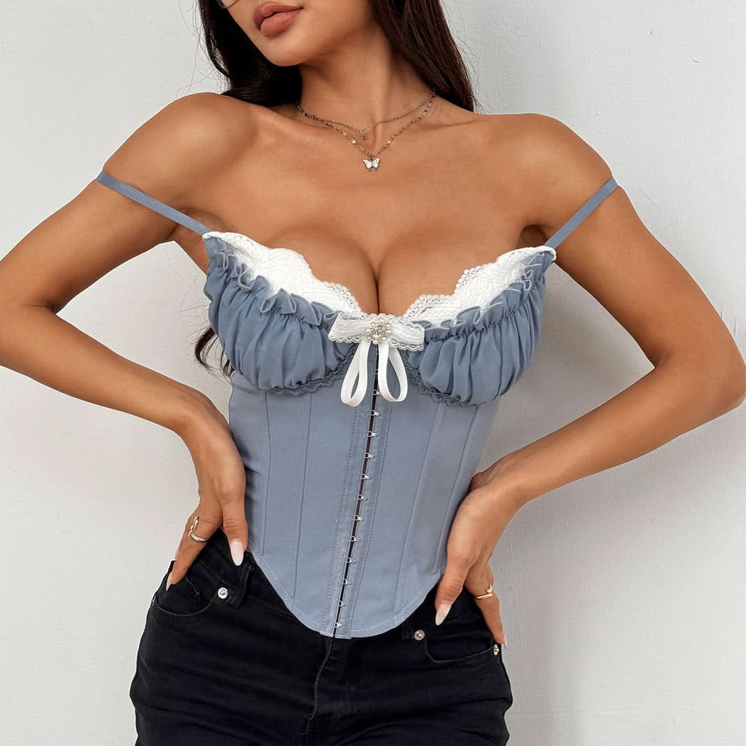 Lace hem bowknot corset ruched cami top  | Festival Outfits Women