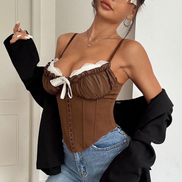 Lace hem bowknot corset ruched cami top  | Festival Outfits Women