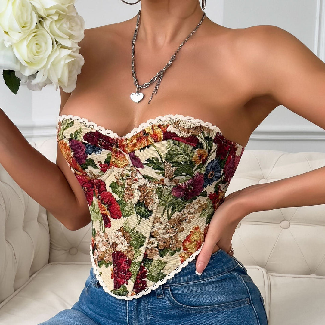 Sweetheart neck flower print lace up top  | Festival Outfits Women