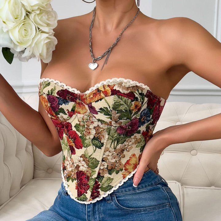 Sweetheart neck flower print lace up top  | Festival Outfits Women