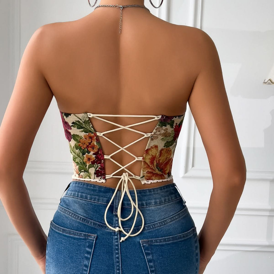 Sweetheart neck flower print lace up top  | Festival Outfits Women