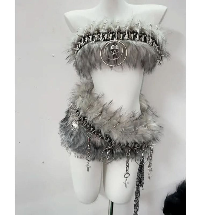 Fluffy metal chain tube mini skirt set  | Festival Outfits Women