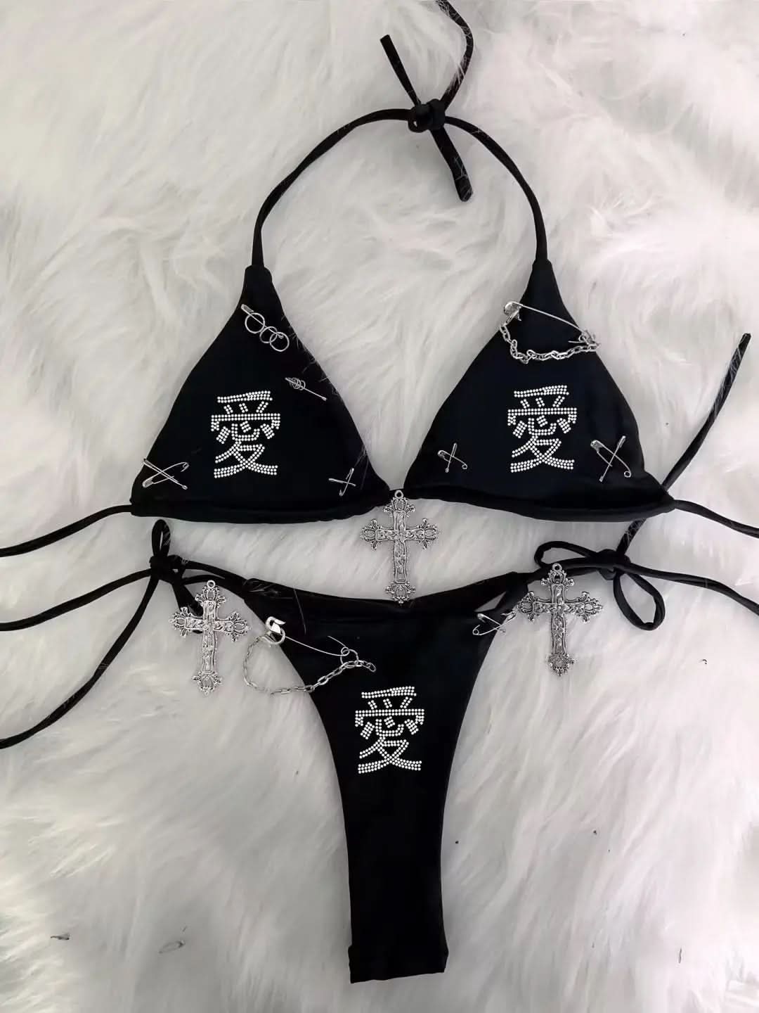 Halter self tie beaded cross applique short pant set  | Festival Outfits Women
