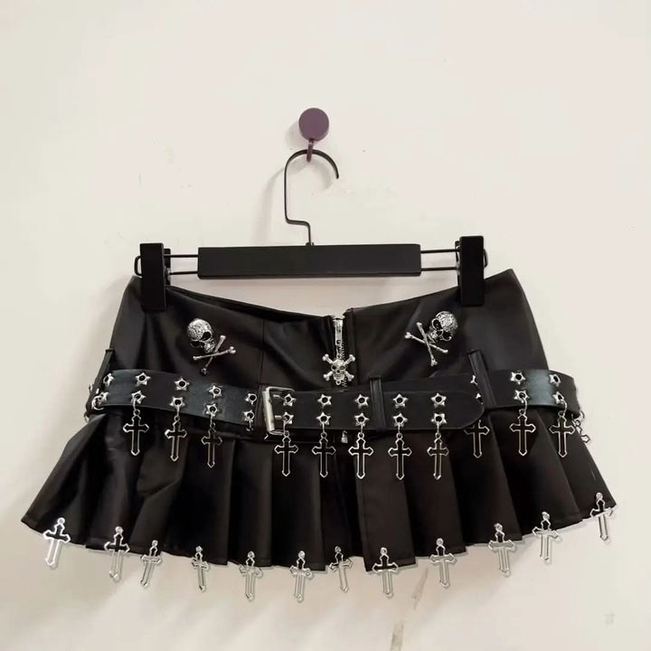 Pleated zip-up belt skull applique mini skirt  | Festival Outfits Women