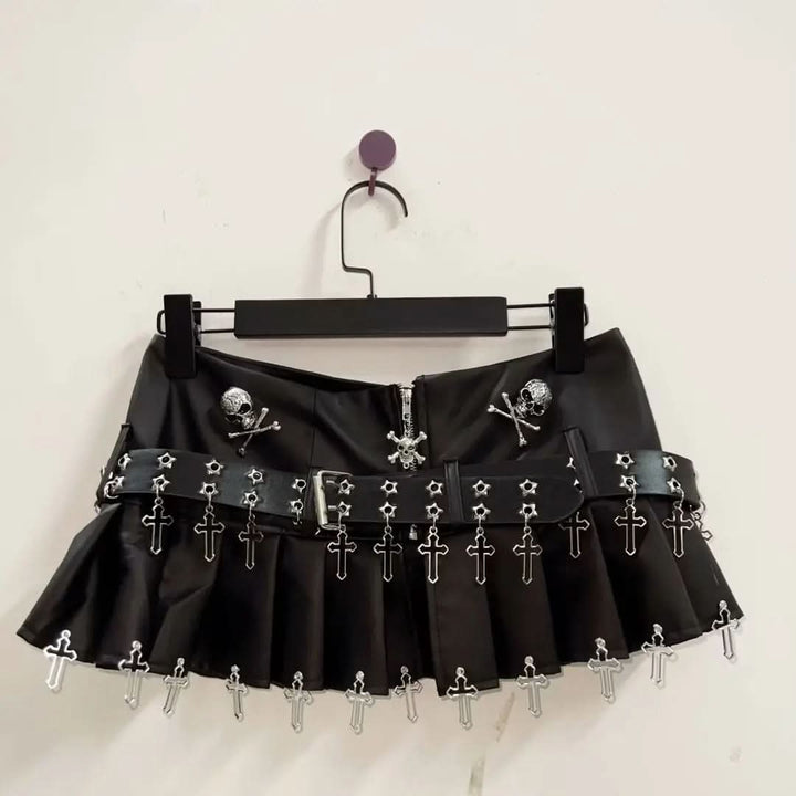 Pleated zip-up belt skull applique mini skirt  | Festival Outfits Women