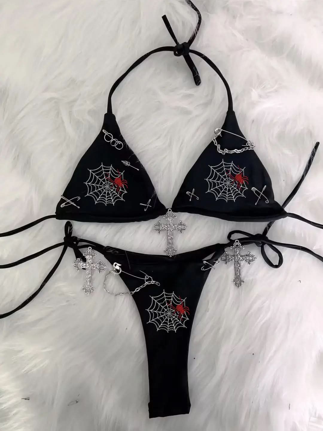 Halter self tie beaded cross applique short pant set  | Festival Outfits Women