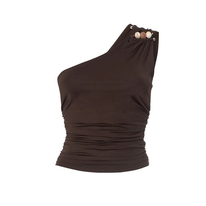 One shoulder irregular ruched beaded solid top  | Festival Outfits Women