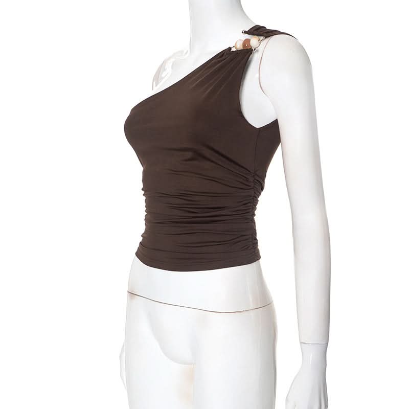 One shoulder irregular ruched beaded solid top  | Festival Outfits Women