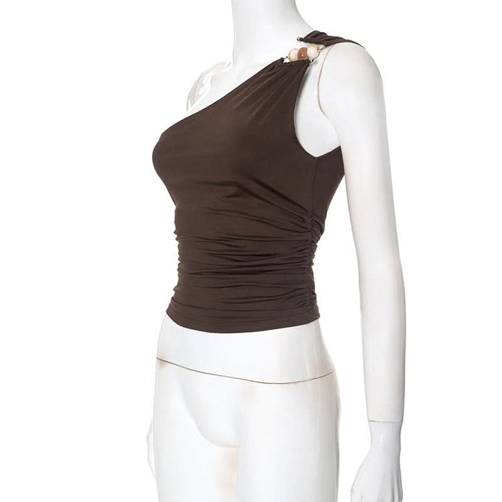 One shoulder irregular ruched beaded solid top  | Festival Outfits Women