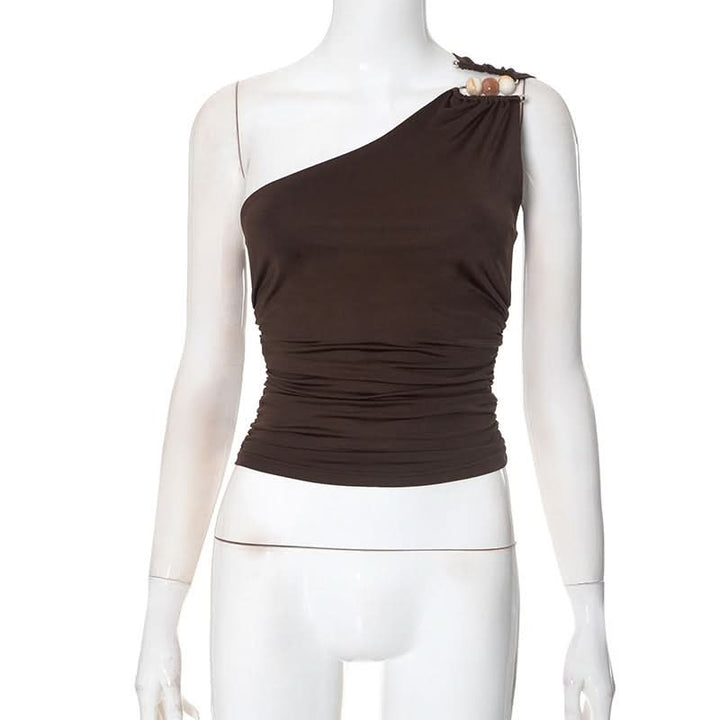 One shoulder irregular ruched beaded solid top  | Festival Outfits Women