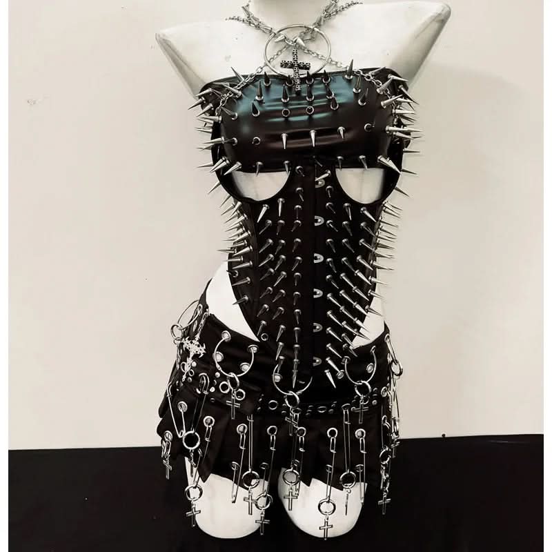 Metal chain rivet applique corset pleated mini skirt set  | Festival Outfits Women