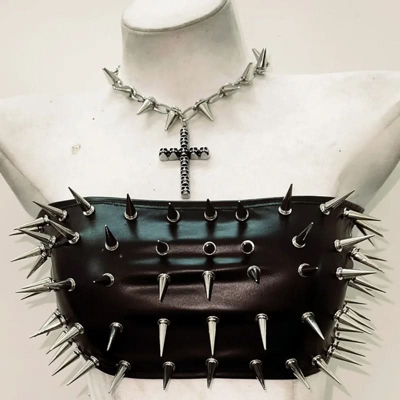 Metal chain rivet applique corset pleated mini skirt set  | Festival Outfits Women