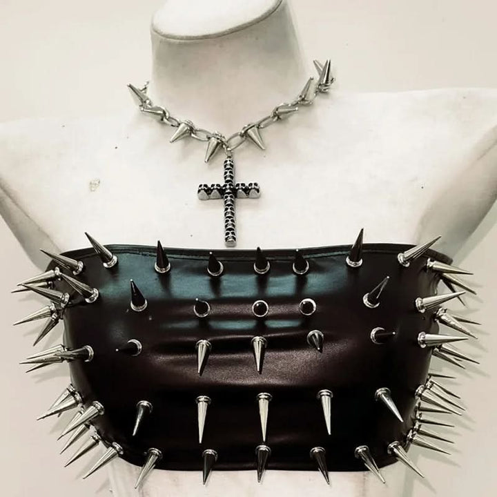 Metal chain rivet applique corset pleated mini skirt set  | Festival Outfits Women