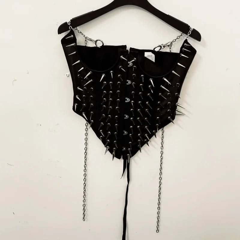 Metal chain rivet applique corset pleated mini skirt set  | Festival Outfits Women