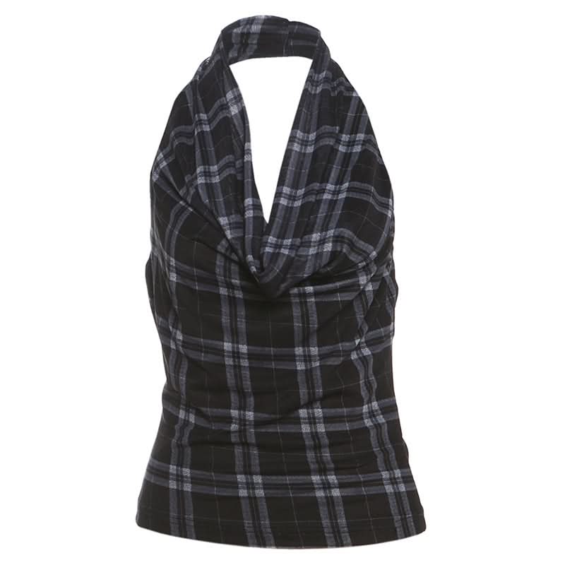 Halter cowl neck plaid backless top  | Festival Outfits Women