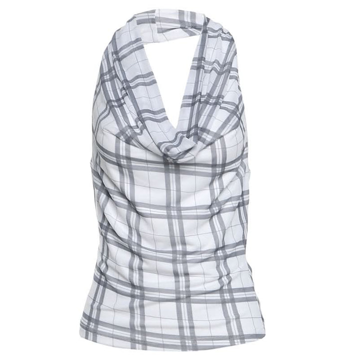 Halter cowl neck plaid backless top  | Festival Outfits Women
