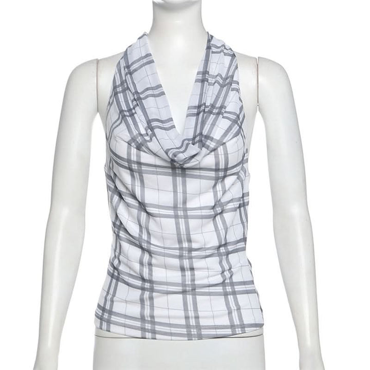 Halter cowl neck plaid backless top  | Festival Outfits Women