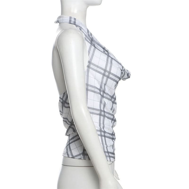 Halter cowl neck plaid backless top  | Festival Outfits Women
