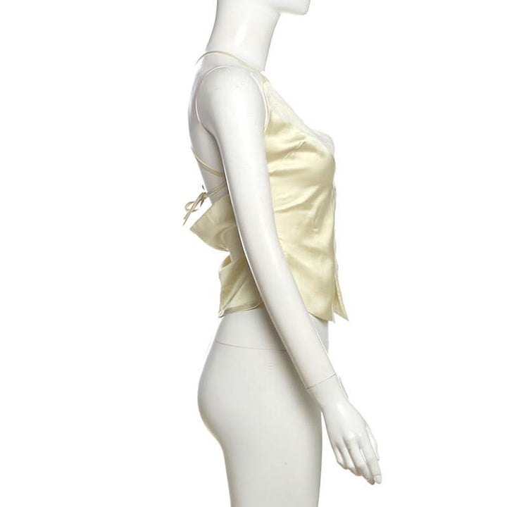 V neck satin cross back self tie cami top  | Festival Outfits Women