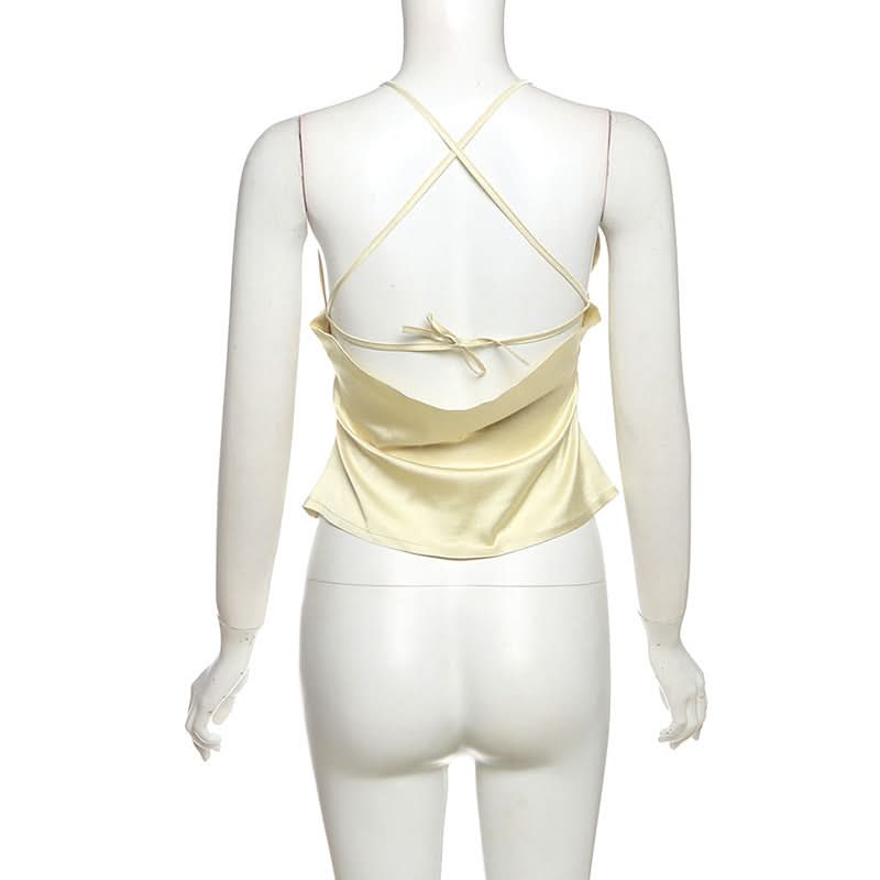 V neck satin cross back self tie cami top  | Festival Outfits Women