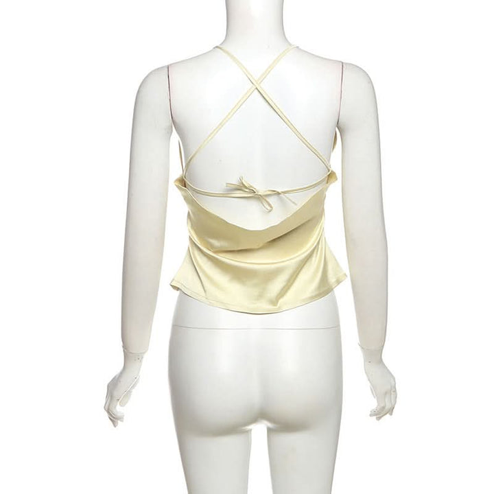 V neck satin cross back self tie cami top  | Festival Outfits Women