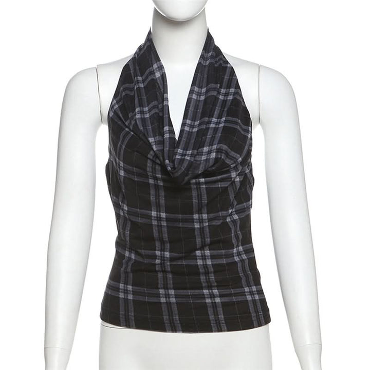 Halter cowl neck plaid backless top  | Festival Outfits Women