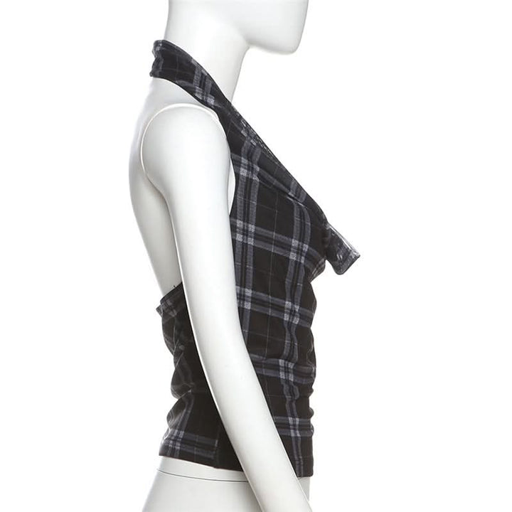 Halter cowl neck plaid backless top  | Festival Outfits Women