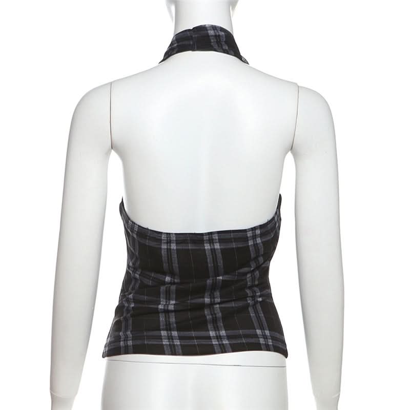Halter cowl neck plaid backless top  | Festival Outfits Women