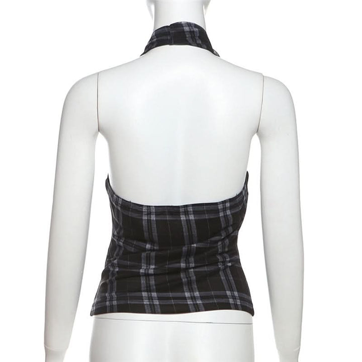 Halter cowl neck plaid backless top  | Festival Outfits Women