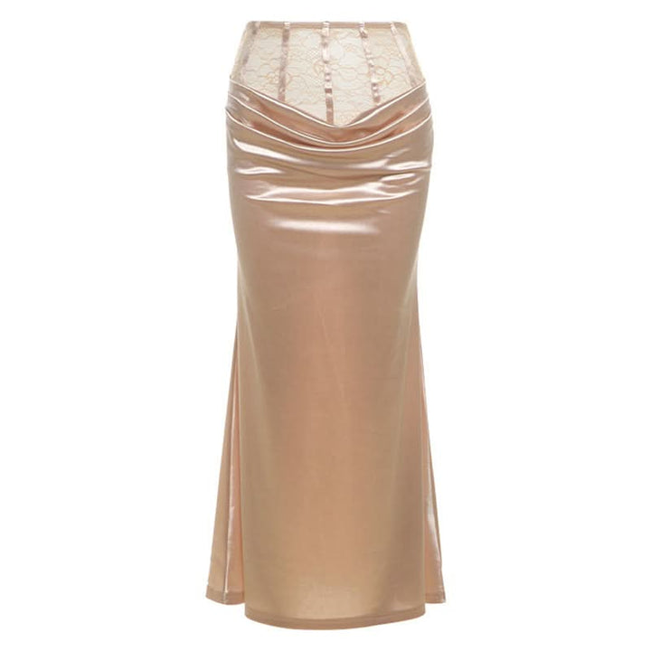 Satin lace patchwork ruched maxi skirt  | Festival Outfits Women