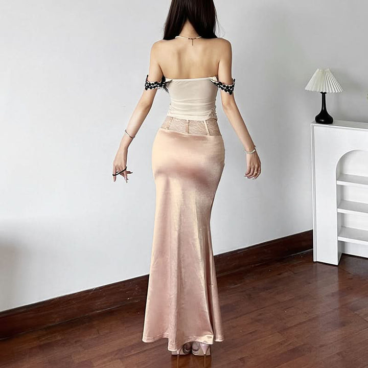 Satin lace patchwork ruched maxi skirt  | Festival Outfits Women