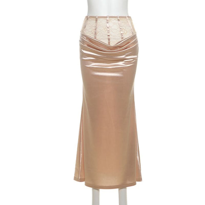 Satin lace patchwork ruched maxi skirt  | Festival Outfits Women