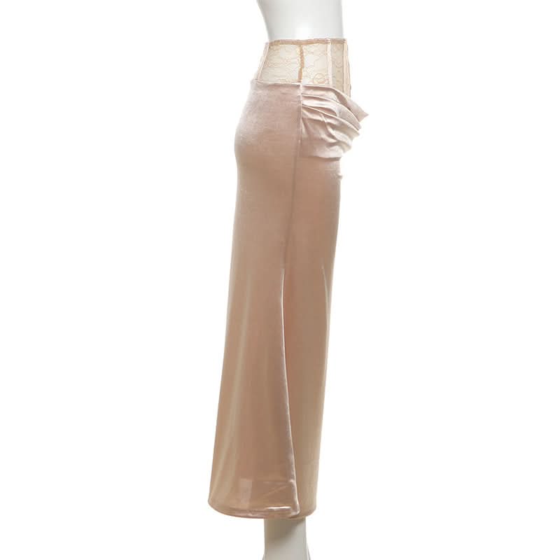 Satin lace patchwork ruched maxi skirt  | Festival Outfits Women
