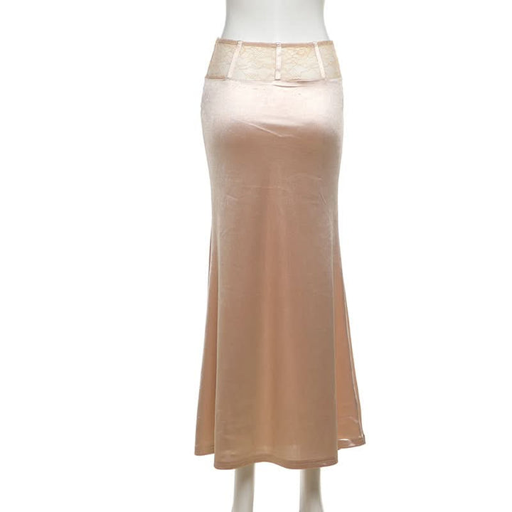 Satin lace patchwork ruched maxi skirt  | Festival Outfits Women