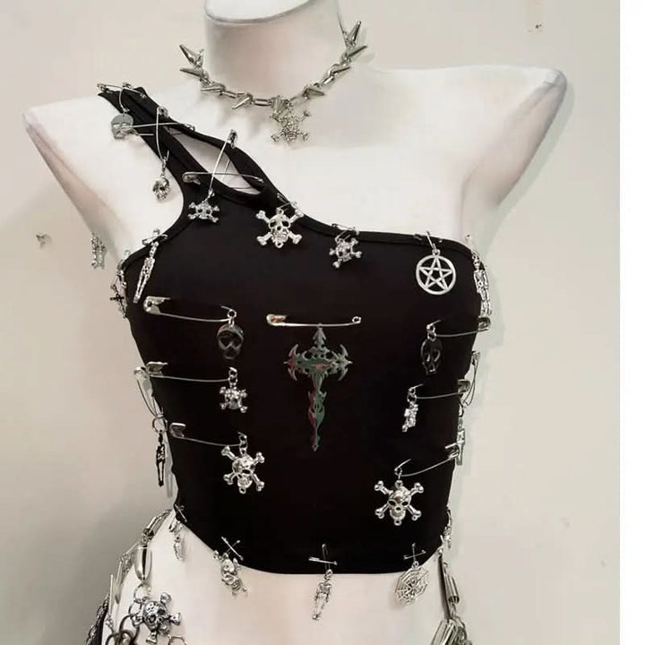 One shoulder cross applique backless top  | Festival Outfits Women