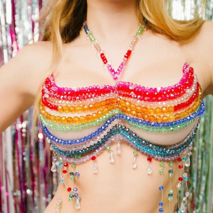 Beaded contrast halter hollow out tassels backless cami cut out top  | Festival Outfits Women