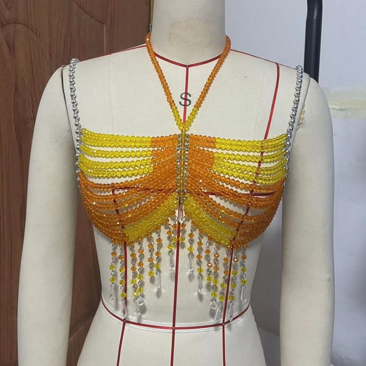 Beaded hollow out tassels backless cami cut out top  | Festival Outfits Women