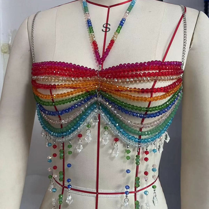 Beaded contrast halter hollow out tassels backless cami cut out top  | Festival Outfits Women