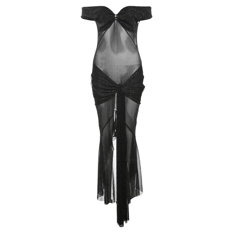 Off shoulder knotted glitter ruched maxi dress  | Festival Outfits Women-final-sale