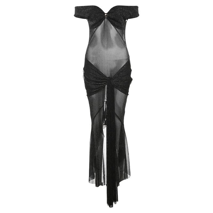 Off shoulder knotted glitter ruched maxi dress  | Festival Outfits Women-final-sale