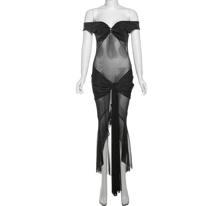 Off shoulder knotted glitter ruched maxi dress  | Festival Outfits Women-final-sale