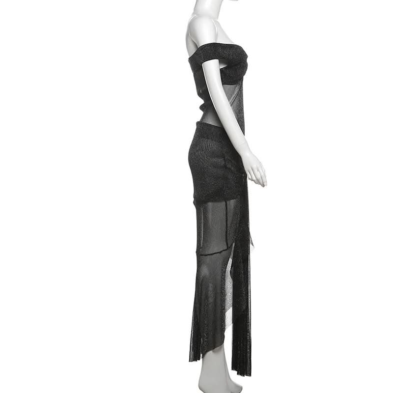 Off shoulder knotted glitter ruched maxi dress  | Festival Outfits Women-final-sale