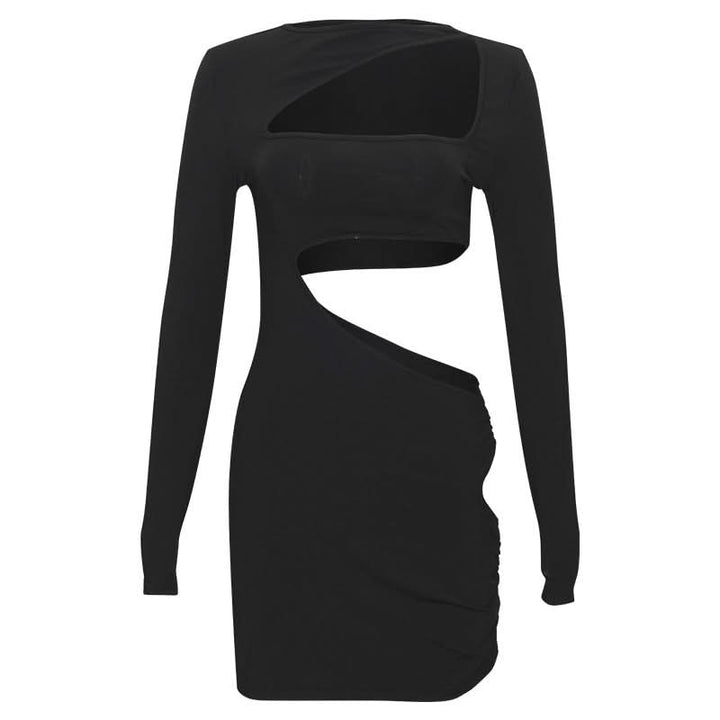Long sleeve irregular hollow out ribbed cut out mini dress  | Festival Outfits Women