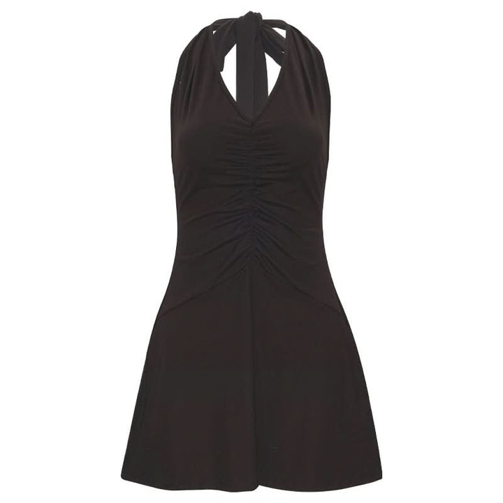 Halter self tie ruched deep V neck mini dress  | Festival Outfits Women