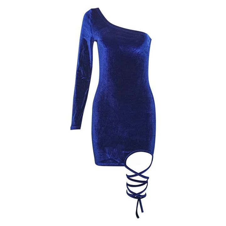 Irregular long sleeve self tie velvet one shoulder mini dress  | Festival Outfits Women
