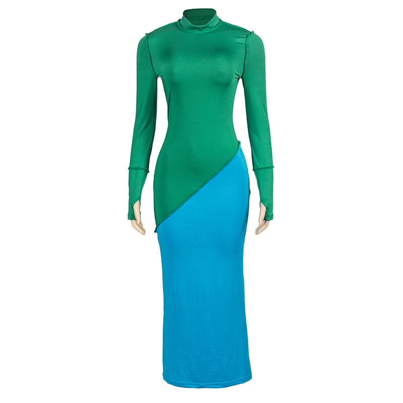 Long sleeve crewneck stitch contrast maxi dress  | Festival Outfits Women