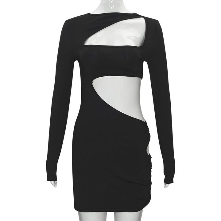 Long sleeve irregular hollow out ribbed cut out mini dress  | Festival Outfits Women